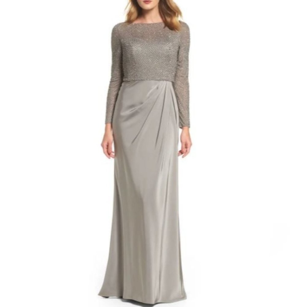 NWT La Femme Beaded Column Gown 12 Platinum Mother Of The Bride 24895 $528 - Picture 1 of 12